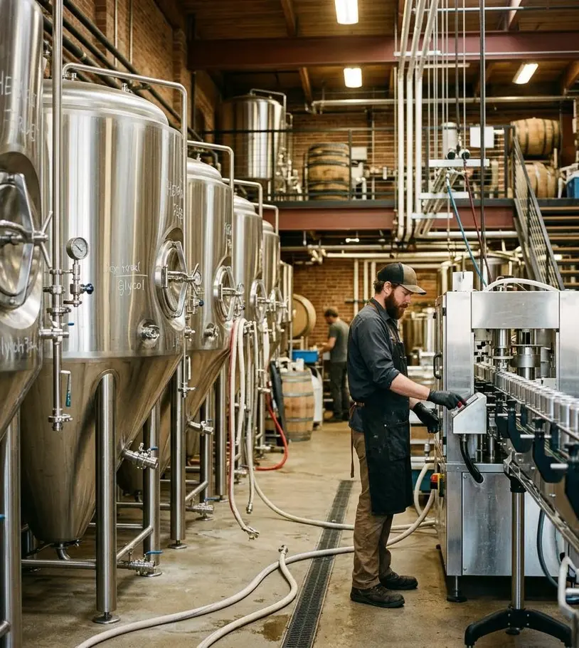 Stainless steel brewing tanks in a brewery that relies on oil-free compressed air