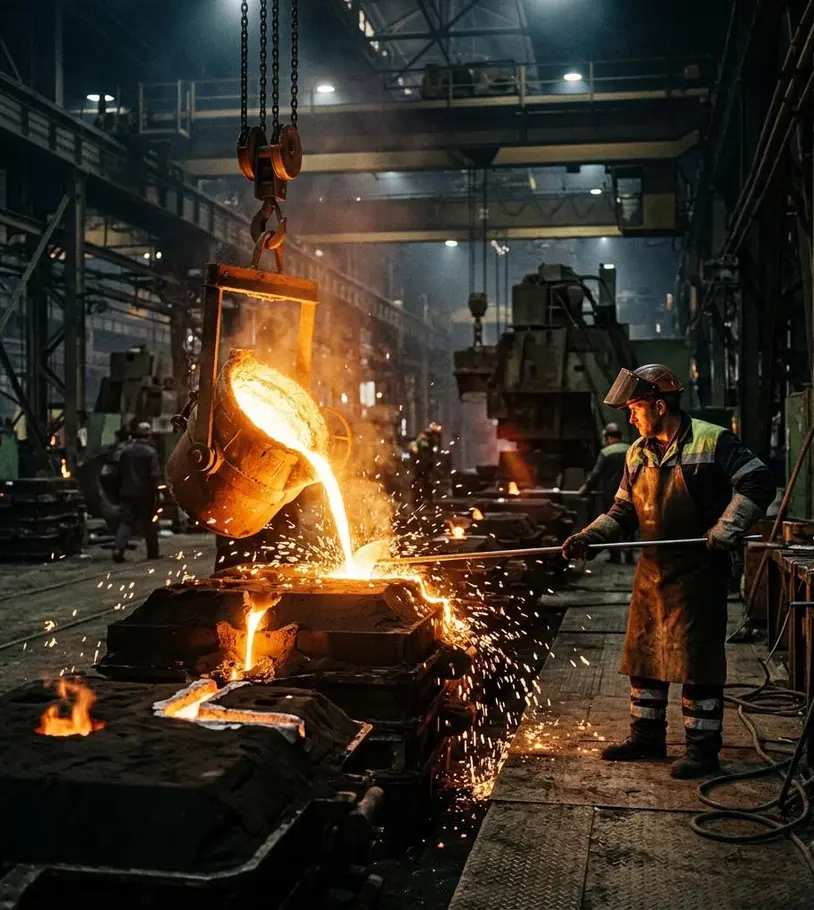 Foundry worker pouring molten metal in an industrial casting operation