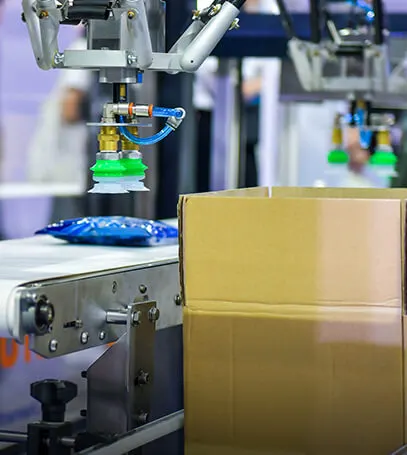High-speed packaging line driven by compressed air and vacuum systems