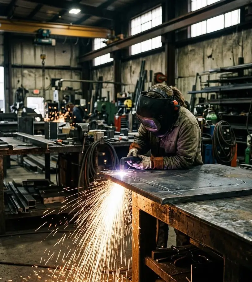 Steel fabrication with sparks flying at a metals processing facility